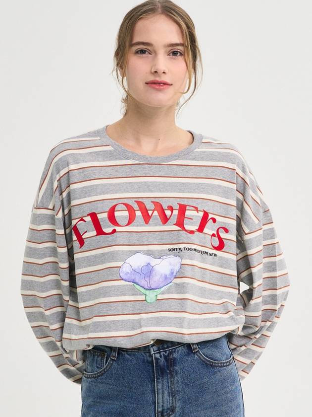 Flowers Stripe T Shirt Gray - SORRY TOO MUCH LOVE - BALAAN 3