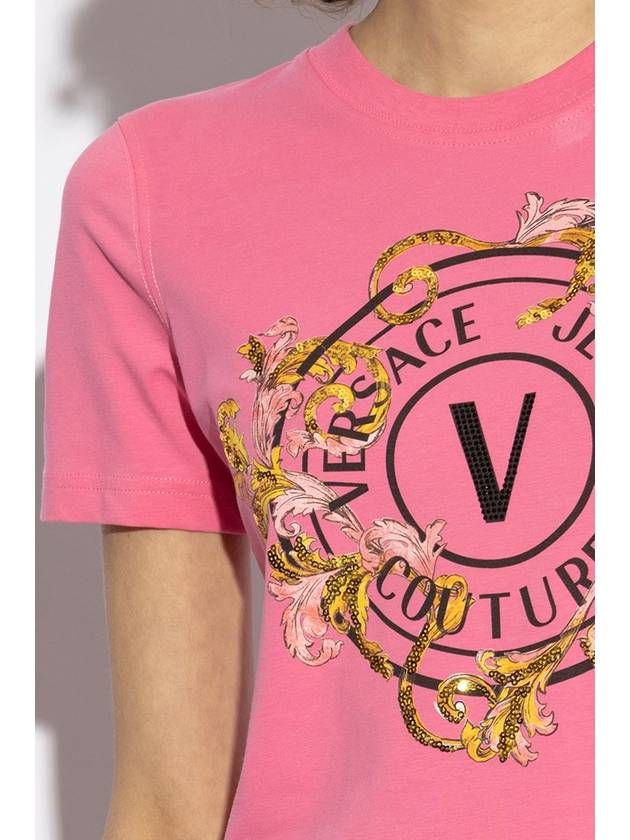 Versace Jeans Couture T-shirt With Print And Shimmering Appliqués, Women's, Pink - VERSACE - BALAAN 5