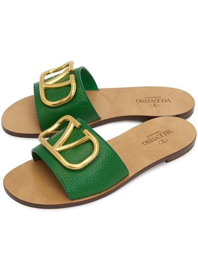 V Logo Signature Grainy Calfskin Slippers Sandals Green - VALENTINO - BALAAN 2