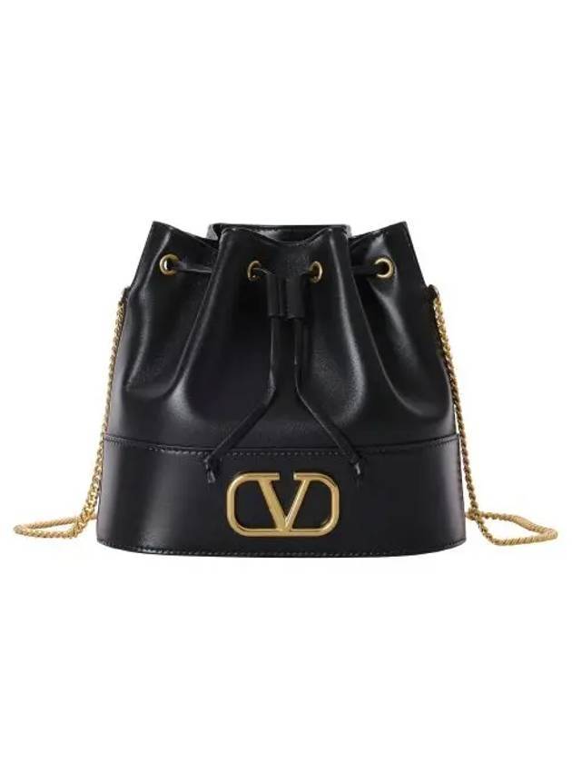 V Logo Signature Chain Napa Leather Bucket Bag Black - VALENTINO - BALAAN 1