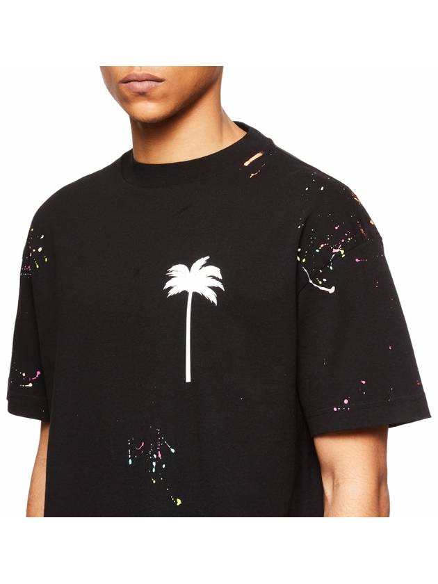 Palm Tree Painted Cotton Short Sleeve T-Shirt Black - PALM ANGELS - BALAAN 5