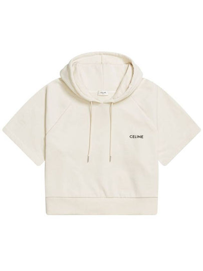 Logo Cotton Fleece Crop Short Sleeve Hoodie Cream - CELINE - BALAAN 2