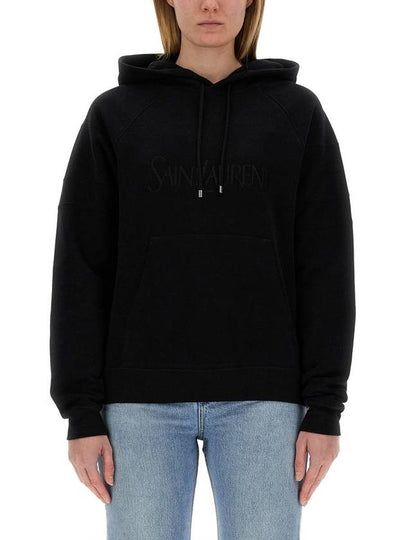 Front Logo Cotton Hoodie Black - SAINT LAURENT - BALAAN 2