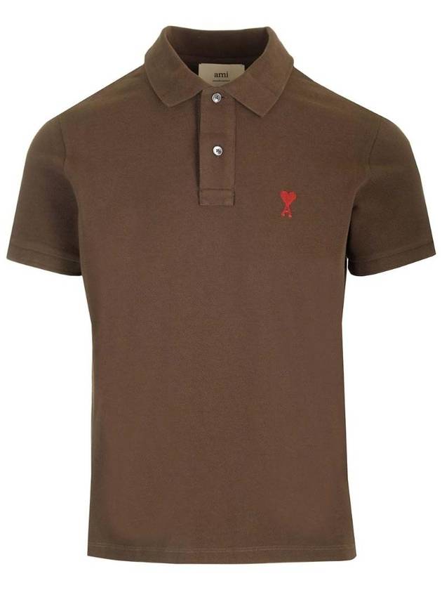 Logo Embroidered Polo Shirt Brown - AMI - BALAAN 1