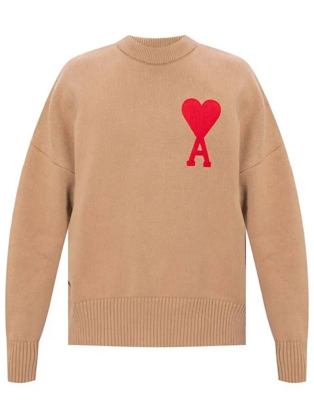 Men's Big Heart Embroidered Logo Knit Top Beige - AMI - BALAAN 3