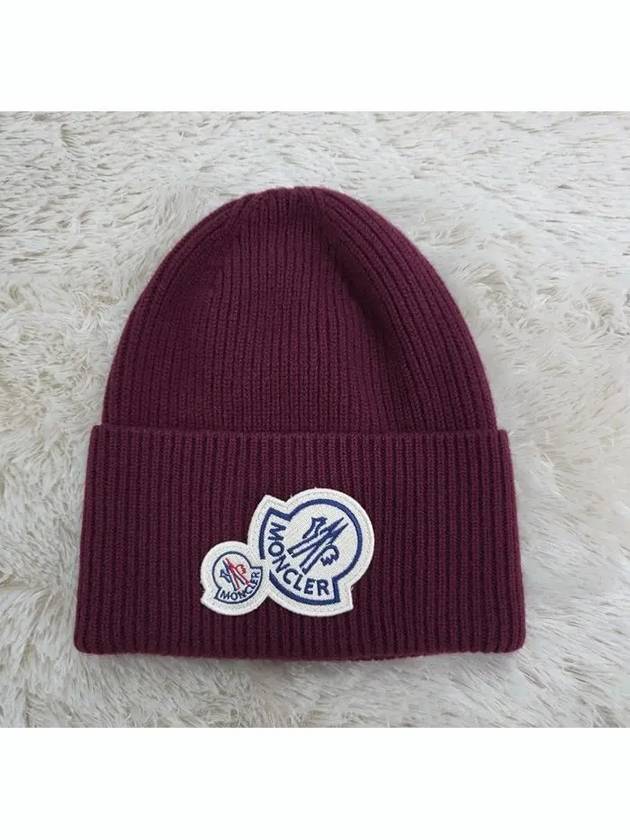 Logo Patch Beanie Burgundy - MONCLER - BALAAN.