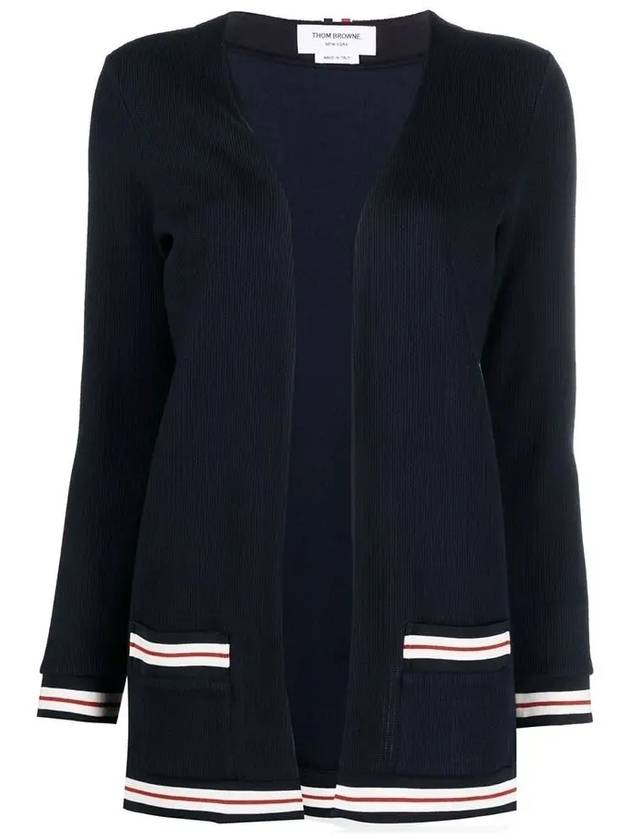 Cricket Stripe Lightweight Textured Cotton V-Neck Cardigan Navy - THOM BROWNE - BALAAN 2