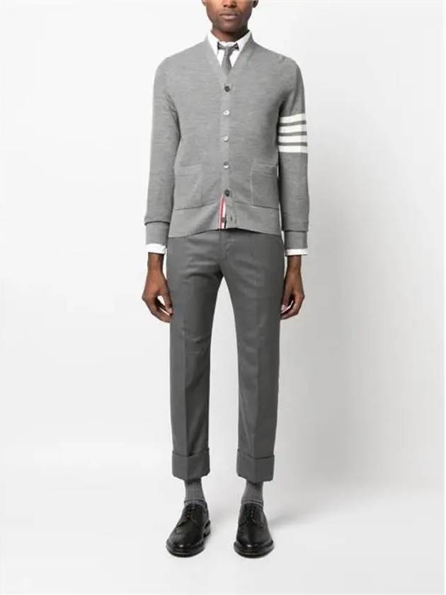 4-Bar Striped Waffle High V-Neck Cardigan Light Grey - THOM BROWNE - BALAAN 3