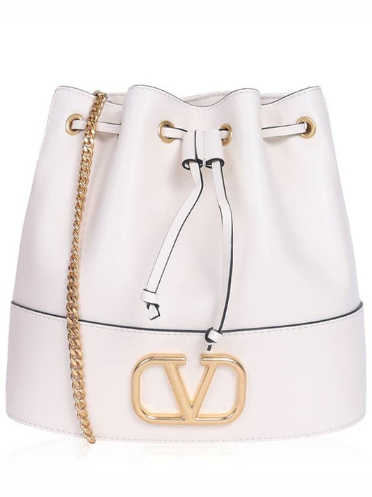 V Logo Signature Chain Napa Leather Bucket Bag Ivory - VALENTINO - BALAAN 1