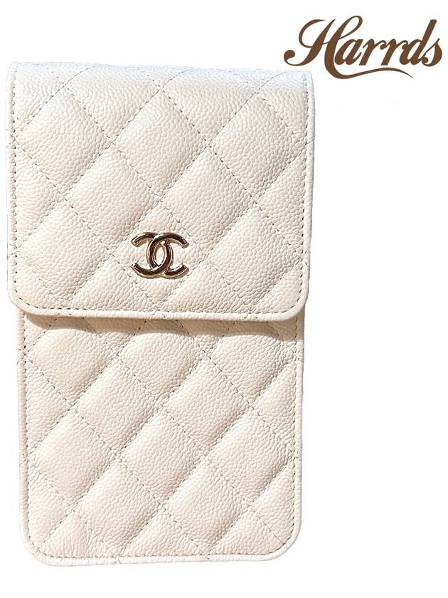 Classic Ribbon Chain Phone Holder Cross Bag WOC Caviar White Silver AP3307 - CHANEL - BALAAN 5