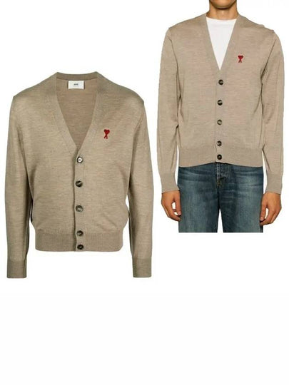 Red Heart Logo Merino Wool Cardigan Beige - AMI - BALAAN 2