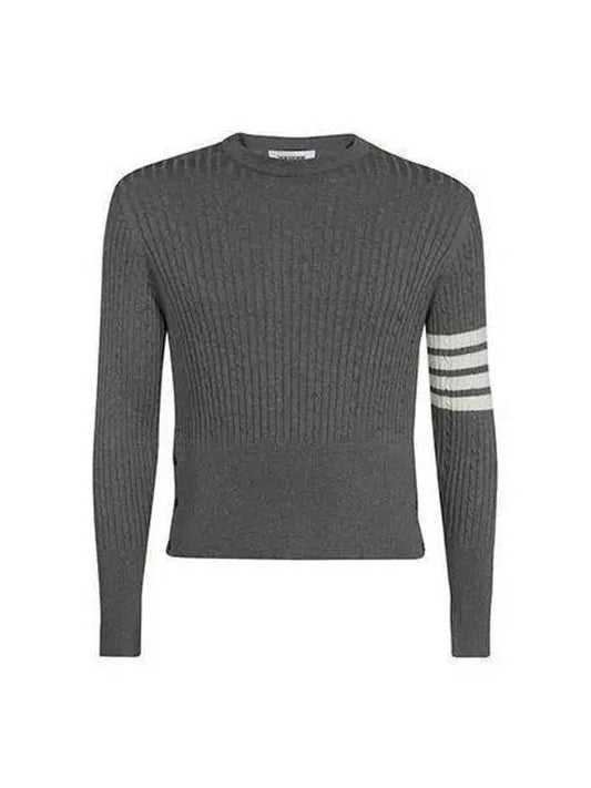 Diagonal cable ribbed knit sweater light gray navy MKA460A - THOM BROWNE - BALAAN 1