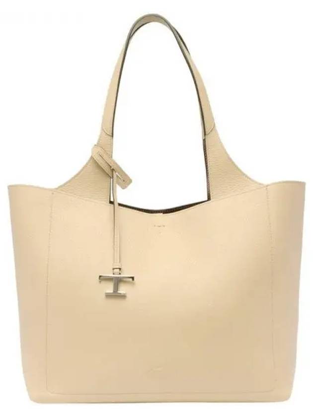 Logo Charm Medium Leather Shopper Tote Bag Beige - TOD'S - BALAAN 2