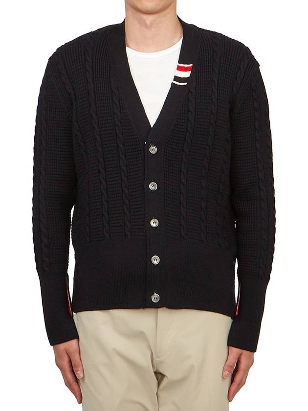 Cable Knitwear Virgin Wool Cardigan Navy - THOM BROWNE - BALAAN 3