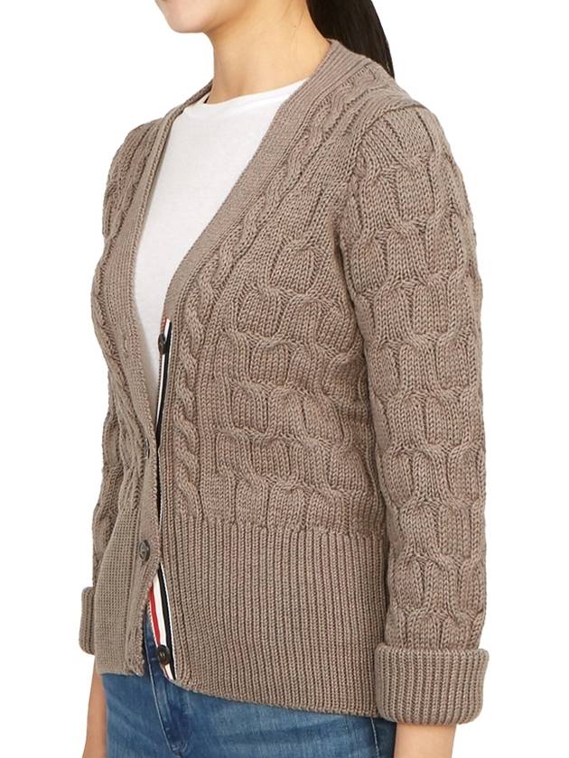 Merino Wool Crisscross Cable Stitch 3/4 Sleeve V-Neck Cardigan Medium Brown - THOM BROWNE - BALAAN 6