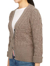 Merino Wool Crisscross Cable Stitch 3/4 Sleeve V-Neck Cardigan Medium Brown - THOM BROWNE - BALAAN 4