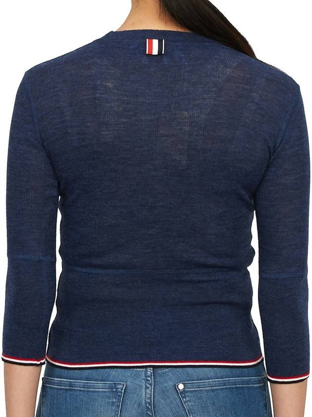 Women's Wool Rib 3/4 Sleeve Crew Neck Pullover Knit Top Navy - THOM BROWNE - BALAAN 5