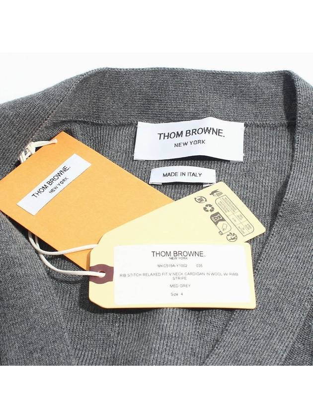 RWB V-neck Striped Virgin Wool Cardigan Grey - THOM BROWNE - BALAAN 7