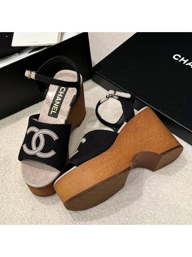 Wood wedge heel sandals fabric calfskin ankle strap CC logo - CHANEL - BALAAN 1