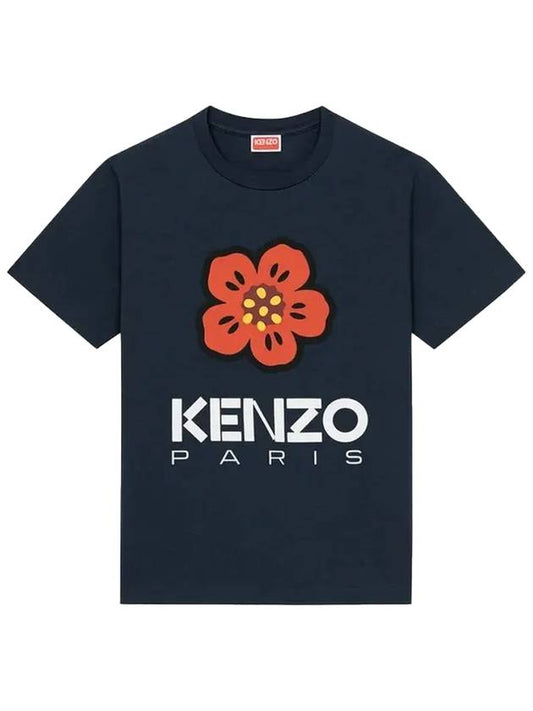 Women's BOKE Flower Loose Fit Short Sleeve T-Shirt Navy - KENZO - BALAAN.