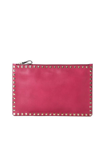 Rockstud Leather Clutch Bag Raspberry - VALENTINO - BALAAN 1