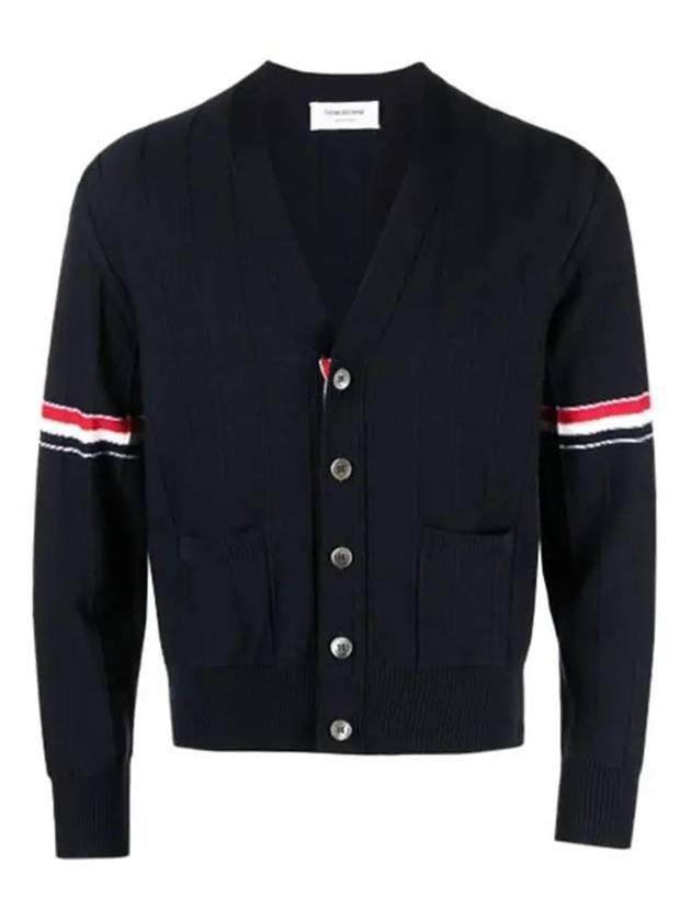 RWB V-neck Striped Virgin Wool Cardigan Navy - THOM BROWNE - BALAAN 2