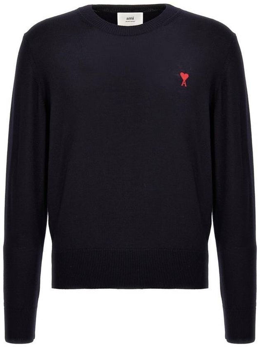 Heart Logo Embroidered Crew Neck Knit Top Navy - AMI - 1