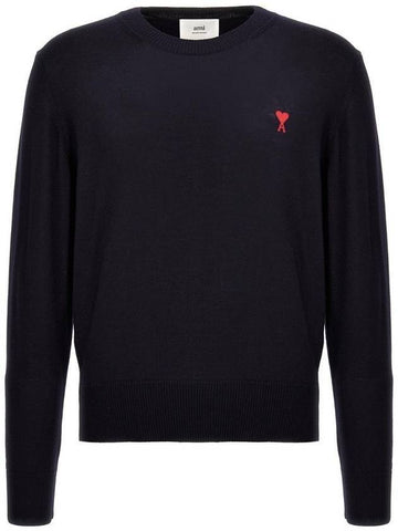 Heart Embroidered Logo Crew Neck Knit Top Navy - AMI - BALAAN 1