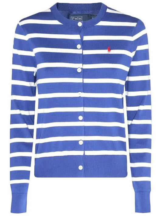 Embroidery  Logo Striped Crew Neck Cardigan Blue - POLO RALPH LAUREN - BALAAN 2