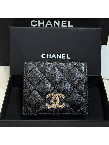 Classic Half Wallet Caviar Skin Black Brooch CC New Logo - CHANEL - BALAAN 1