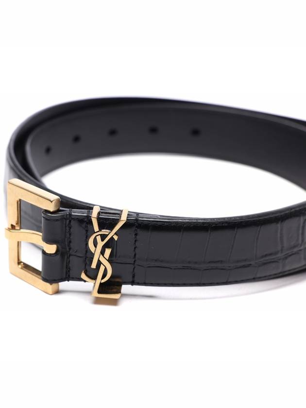 Cassandra Square Crocodile Leather Buckle Belt Black - SAINT LAURENT - BALAAN 4