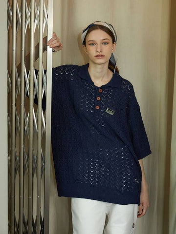 Crochet Punching Polo Knit Top Royal Navy - KINETO - BALAAN 1