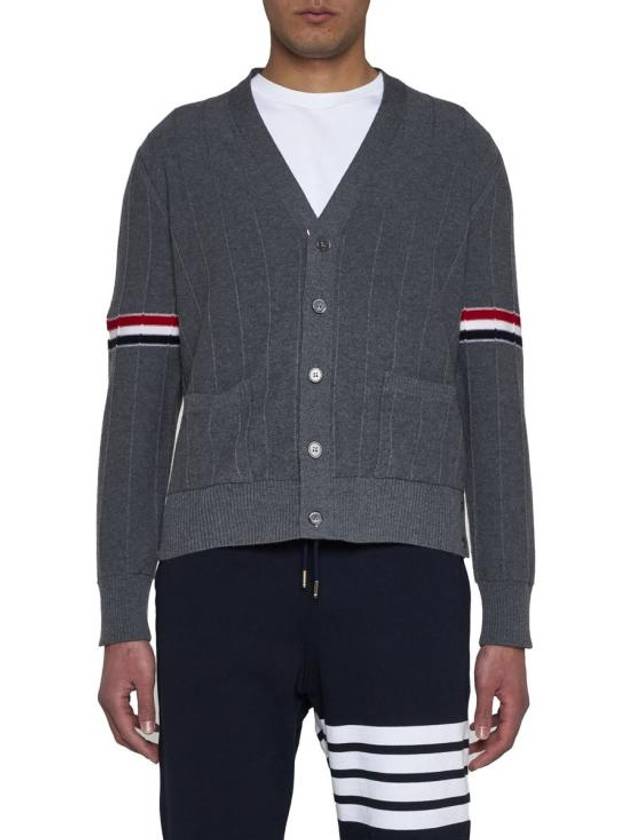 RWB V-neck Striped Virgin Wool Cardigan Grey - THOM BROWNE - BALAAN 4