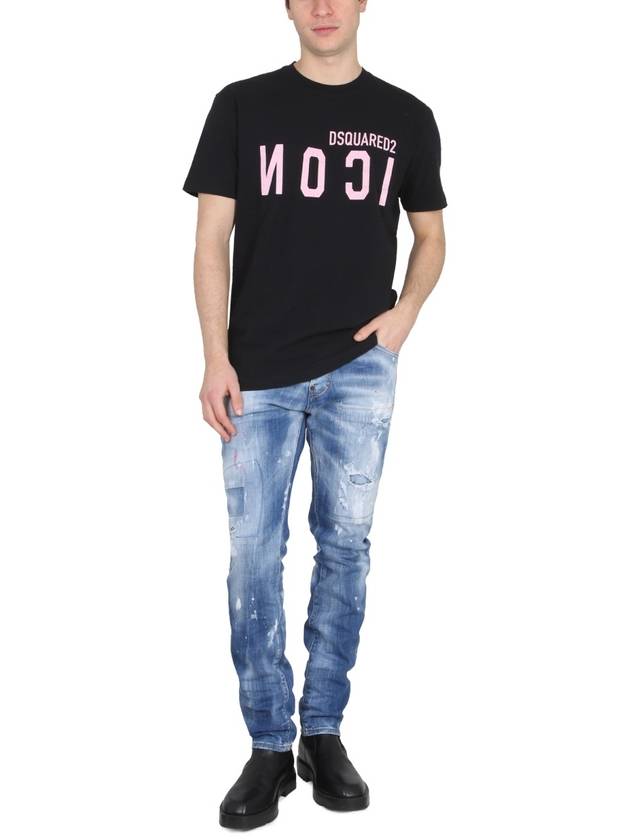 Men's Icon Logo Pink Print Short Sleeve T-Shirt Black - DSQUARED2 - BALAAN 3