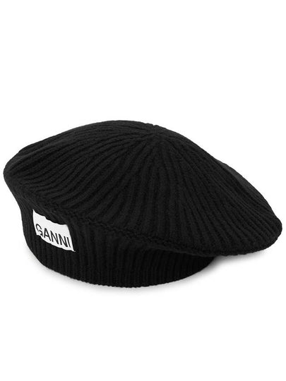 Logo Rib Edge Wool Beret Black - GANNI - BALAAN 2