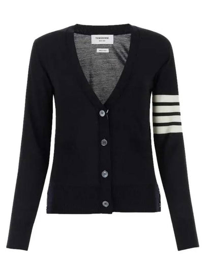 Sustainable Fine Merino Wool 4-Bar Relaxed Fit V-Neck Cardigan Navy - THOM BROWNE - BALAAN 2