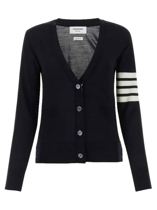 Sustainable Fine Merino Wool 4-Bar Relaxed Fit V-Neck Cardigan Navy - THOM BROWNE - BALAAN 3