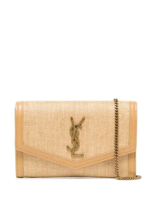 Uptown Raffia Chain Card Wallet Natural Beige - SAINT LAURENT - BALAAN 1