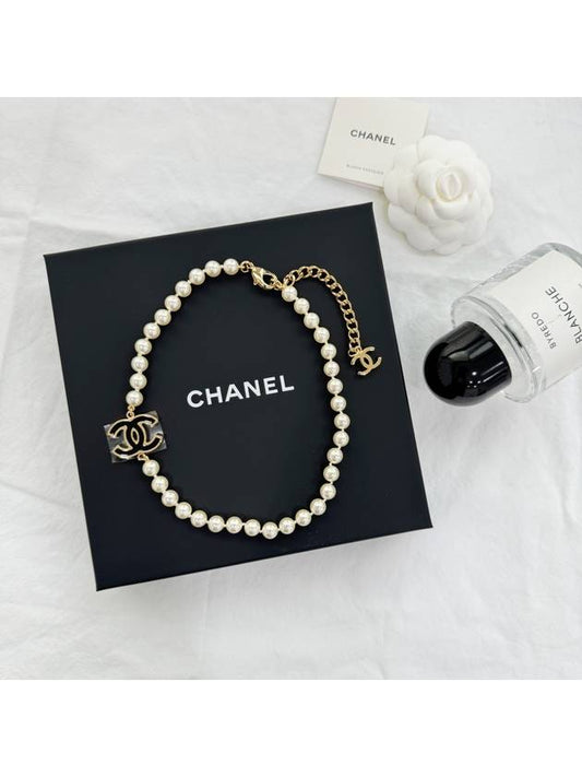 CC Logo Pearl Necklace Choker Black Gold ABE235 - CHANEL - BALAAN 1