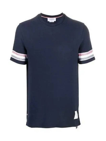 Textured Cotton Stripe Short Sleeve T-Shirt Navy - THOM BROWNE - BALAAN 2