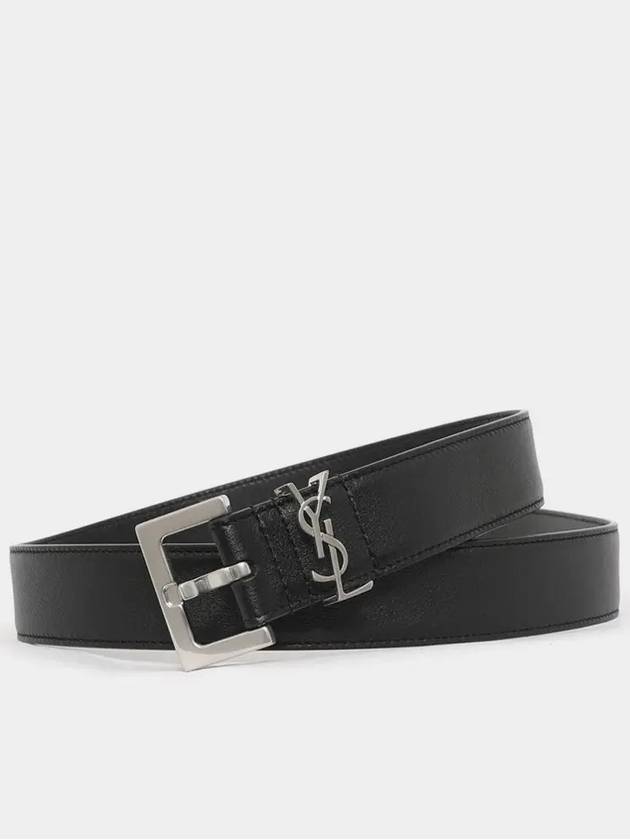 Square Buckle Monogram Leather Belt Black - SAINT LAURENT - BALAAN 2