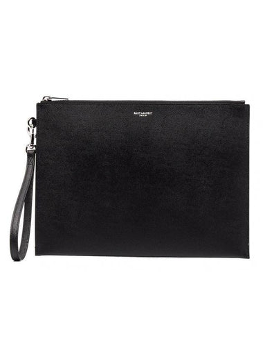 Embossed Leather Grain De Poudre Zipper Tablet Clutch Bag Black - SAINT LAURENT - BALAAN 1