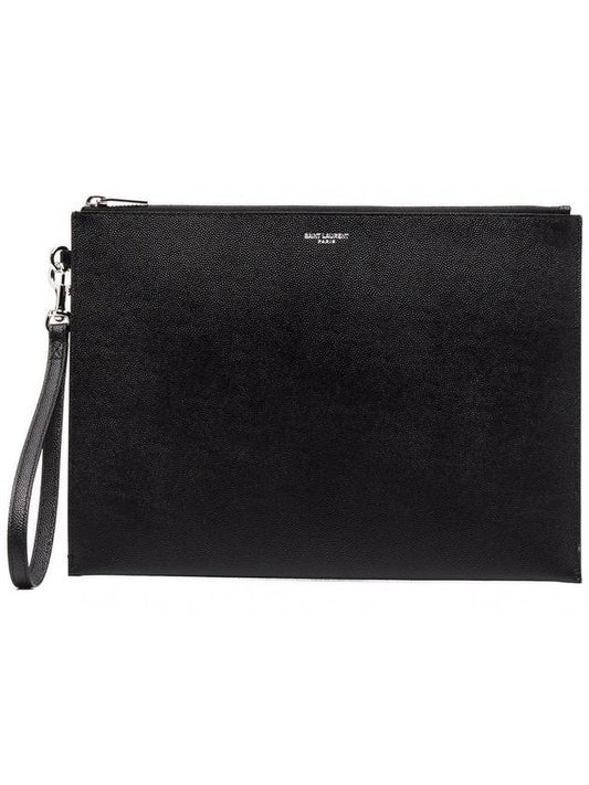 Embossed Leather Grain De Poudre Zipper Tablet Clutch Bag Black - SAINT LAURENT - BALAAN.