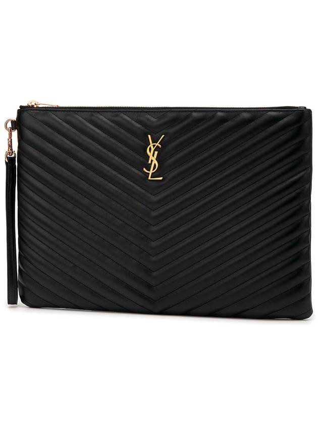 Gold Monogram Document Holder In Matelasse Leather Black - SAINT LAURENT - BALAAN 3