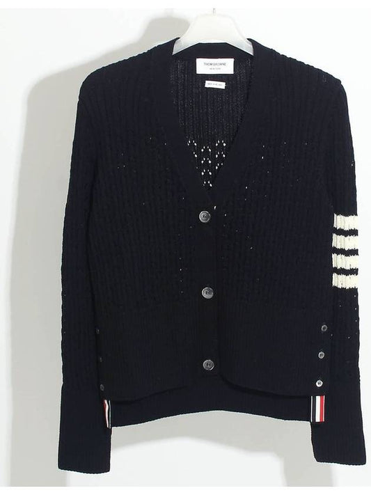 V-Neck Diagonal Pointelle Wool Cardigan Navy - THOM BROWNE - BALAAN 2