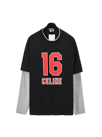 16 Cracked Effect Print Layered Long Sleeve T-Shirt Black - CELINE - BALAAN 1