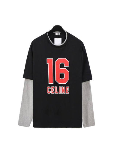 16 Cracked Effect Print Layered Long Sleeve T-Shirt Black - CELINE - BALAAN 1