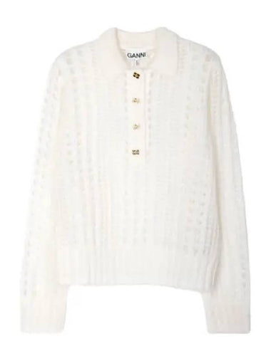 White mohair lace polo sweater - GANNI - BALAAN 1