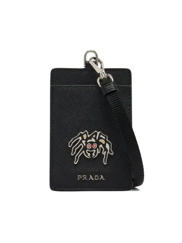 Spider Neck Strap Saffiano Leather Card Wallet Black - PRADA - BALAAN 1