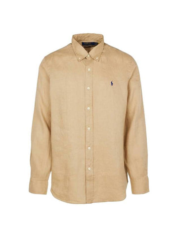 Embroidered Logo Linen Long Sleeve Shirt Brown - POLO RALPH LAUREN - BALAAN 1